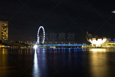 新加坡市,滨海湾 ,摩天轮,水平画幅,新加坡,夜晚,无人,曙暮光,特写,现代