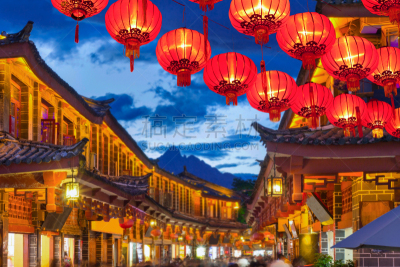 旅行者,黄昏,丽江,古城,灯笼,水平画幅,交流方式,传统,古老的,商店
