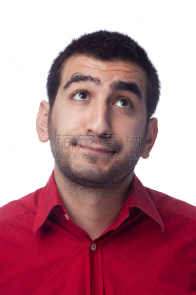 做鬼脸,青年男人,从容态度,人,白色背景,仅一个男人,休闲装,白人,20到29岁,假笑