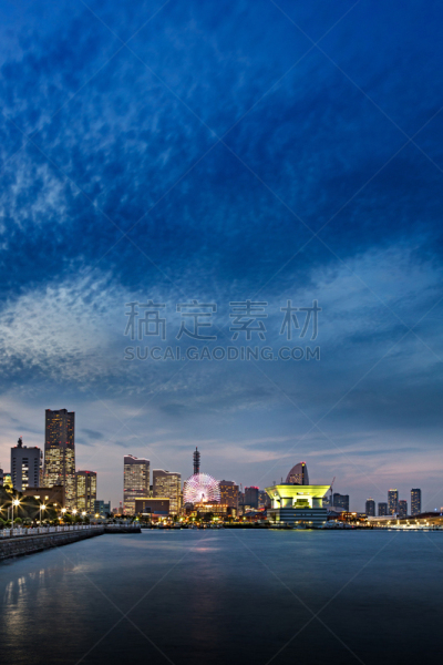 横滨,夜晚,海港,山下公园,横滨高速铁路,办公园区,摩天轮,神奈川县,垂直画幅,天空