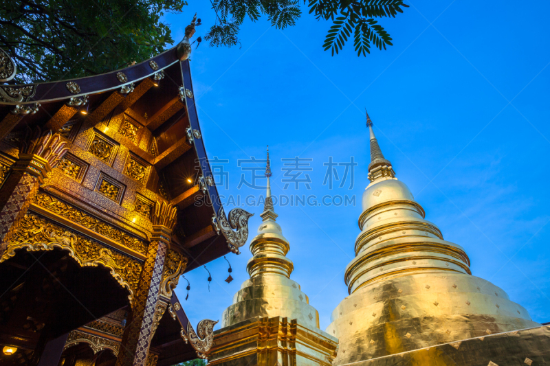 泰国,清迈省,黄昏,帕辛寺,都市风景,水平画幅,无人,异国情调,僧院,佛塔