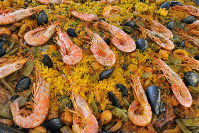 西班牙海鲜饭,水平画幅,素食,贻贝,无人,白米,软体动物,椒类食物,膳食,海产
