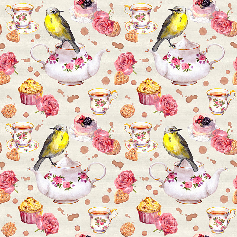 鸟类,蛋糕,玫瑰,四方连续纹样,杯,茶壶,茶话会,下午茶,绘画插图