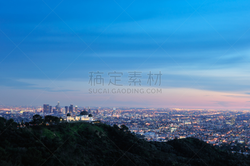 洛杉矶,黄昏,格里菲思公园天文台,格里菲思公园,水平画幅,建筑,夜晚,无人,蓝色,城市天际线