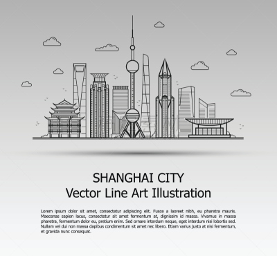 上海,灰色,城市,著名景点,天际线拱门,轮廓,线条,名声,城市天际线,绘画插图