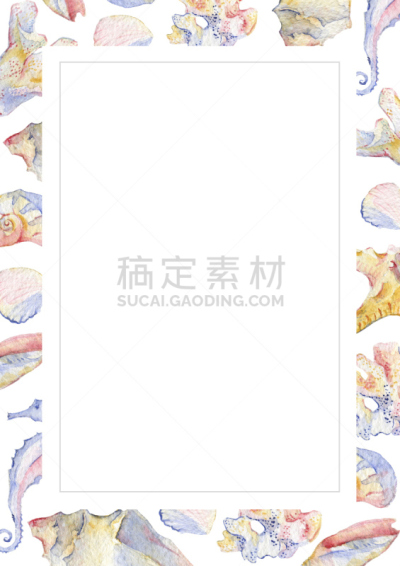 海马,贝壳,珊瑚,水彩画,华丽的,请柬,贺卡,部分,布置
