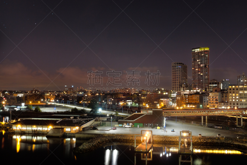 夜晚,温哥华港,水,水平画幅,无人,海港,温哥华,户外,光,都市风景