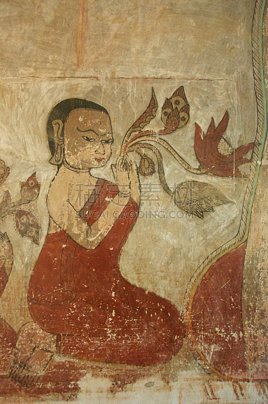 蒲甘,缅甸,壁画,宝塔,佛塔,垂直画幅,白灰泥,女人,旅游目的地,绘画艺术品
