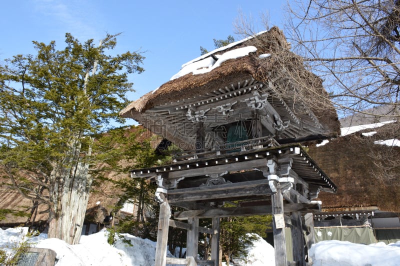 乡村,日本,白川乡,古老的,水平画幅,山,雪,旅行者,户外,针叶树