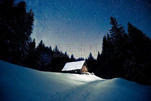 冬天,房屋,星星,木制,自然美,森林,在下面,天空,夜晚,雪