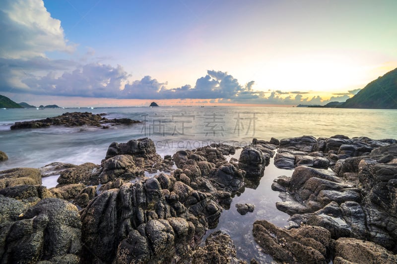 海滩,库塔,龙目岛,水,天空,水平画幅,无人,早晨,户外,石头