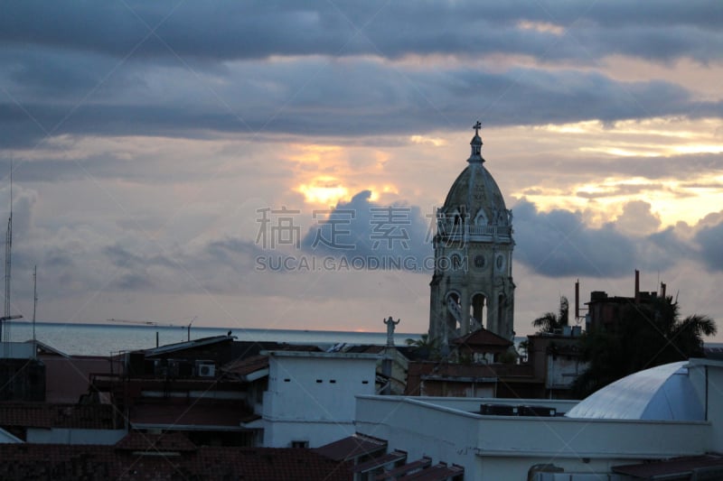 巴拿马,巴拿马城,都市风景,Casco Viejo,卡斯柯海湾,天际线拱门,水平画幅,岩石,建筑,日出