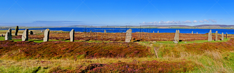 面向陆地,布罗德加石环,奥克尼岛,英国,苏格兰湖,苏格兰,背景,世界遗产,草,著名景点
