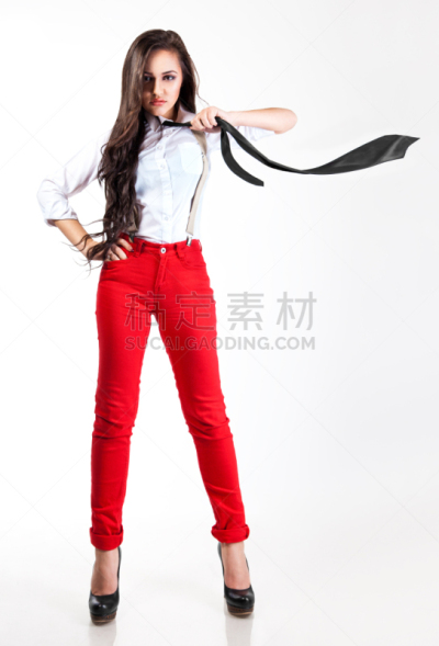 女人,可爱的,红色裤子,吊袜带,垂直画幅,美,注视镜头,美人,衬衫,高跟鞋