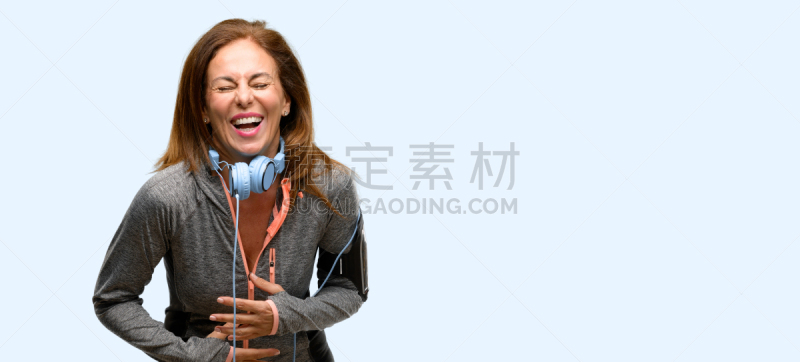 幸福,耳机,信心,中老年人,健身房,自然,女人,微笑,笑,锻炼