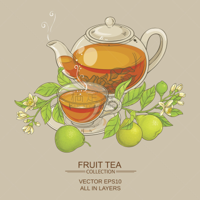 佛手柑,绘画插图,矢量,茶,泰国柠檬,下午茶,茶杯,茶壶,茶碟,热饮