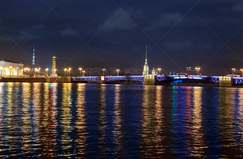 夜晚,河堤,宫殿,圣彼得堡,岛,大学,涅瓦河,桥,圣徒彼得和保罗城堡,纪念碑