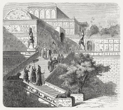 Royal palace of Assyria, Nineveh (reconstruction), wood mengraving, published 1880