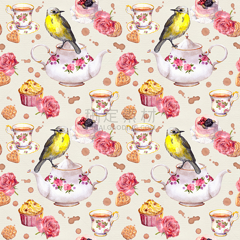 鸟类,蛋糕,玫瑰,四方连续纹样,杯,茶壶,茶话会,下午茶,绘画插图