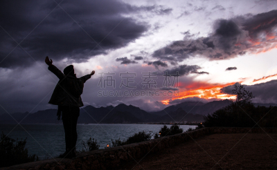 女孩,开着的,手臂,天空,青少年,孢子,曙暮光,旅行者,都市风景,想法