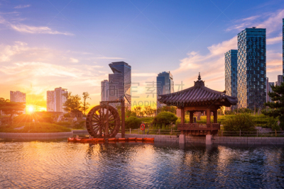 韩国,首尔,建筑,仁川,城市,居住区,中央公园,现代,全球财政,日落