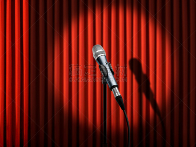 麦克风,舞台,传声器架,水平画幅,无人,聚光照明,戏剧表演,红色,窗帘,音乐器具
