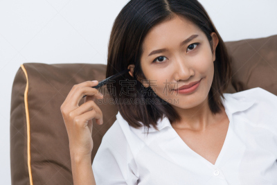 软垫,女人,斜靠,可爱的,亚洲,懒人椅,宽松上衣,领导能力,经理,仅成年人