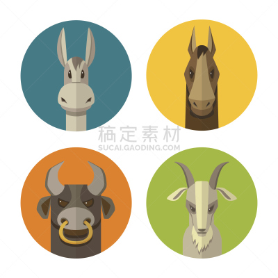 山羊,牲畜,公牛,驴子,马,矢量,扁平化设计,图标,农业,可爱的