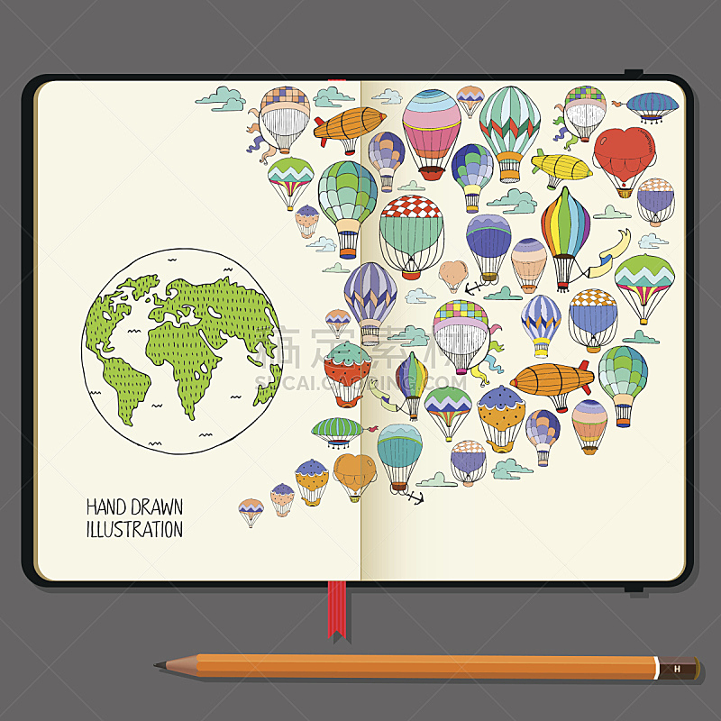 热气球,乱画,铅笔,地球,概念,矢量,笔记本,白昼,绘制