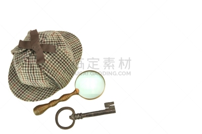 钥匙,古典式,猎帽,放大镜,鸭舌帽,刑事调查,背景分离,科学实验,复古风格,侦探