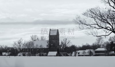 雪,古典式,海尔德兰,荷兰,乡村,塔,黑白图片,天空,水平画幅