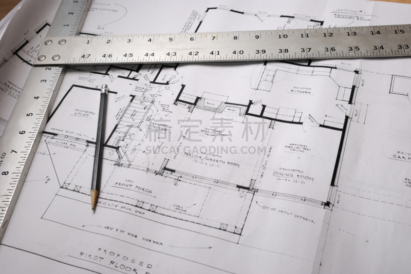 丁字尺,蓝图,水平画幅,建筑,无人,房屋,轮廓,铅笔,金属,文档