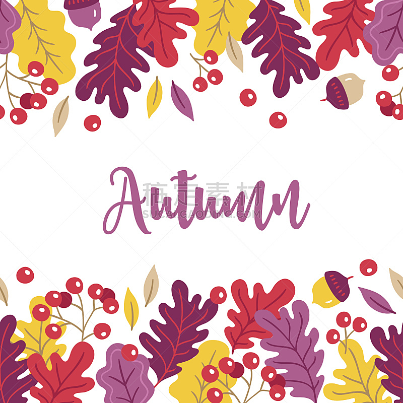 贺卡,秋天,橡树果,花楸浆果,橡树叶,边框,艺术,无人,九月,绘画插图