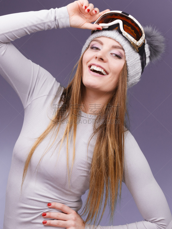 woman in thermal underwear ski goggles