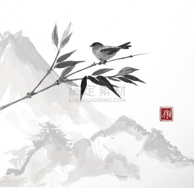 鸟类,山,枝,竹,烟灰墨,水墨画,日本,禅宗,无人,绘画插图