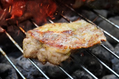 煤,热,颈,牛排,斯帕克斯,烤肉架,猪肉,留白,水平画幅,无人