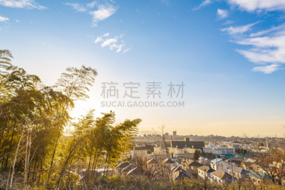 黄昏,横滨,居住区,山,摄像机拍摄角度,城镇景观,云,橙色,橙子,著名景点