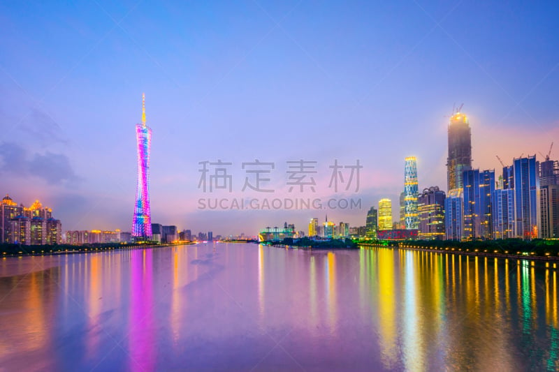 广州,城市天际线,水平画幅,夜晚,无人,户外,都市风景,广东省,著名景点,河流