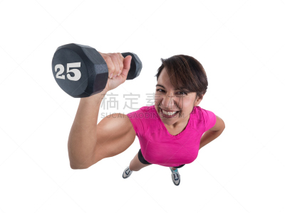 鼓起肌肉,青年人,哑铃,女性,提举,衣服,粉红色,运动短裤,褐色眼睛,正面视角