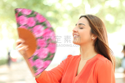 公园,女孩,扇子,热,温度,拿着,儿童,欢乐,户外