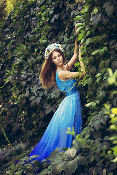 自然,自然美,蓝色的连衣裙,青年女人,月桂花冠,垂直画幅,美,褐色,青春期,枝繁叶茂