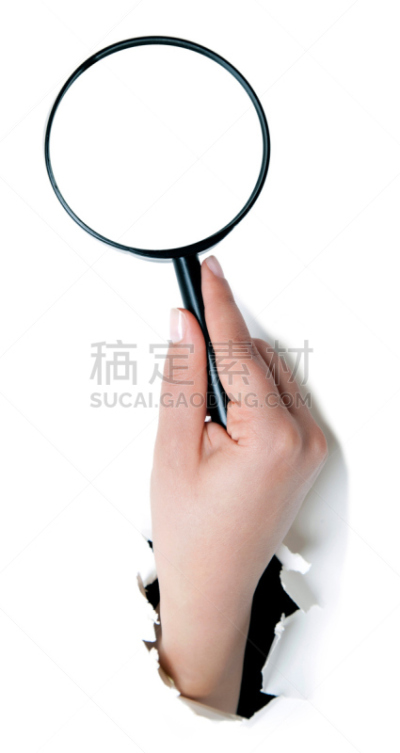 放大镜,手,垂直画幅,留白,透过窗户往外看,科学实验,文档,小规模的放大,白色,成品