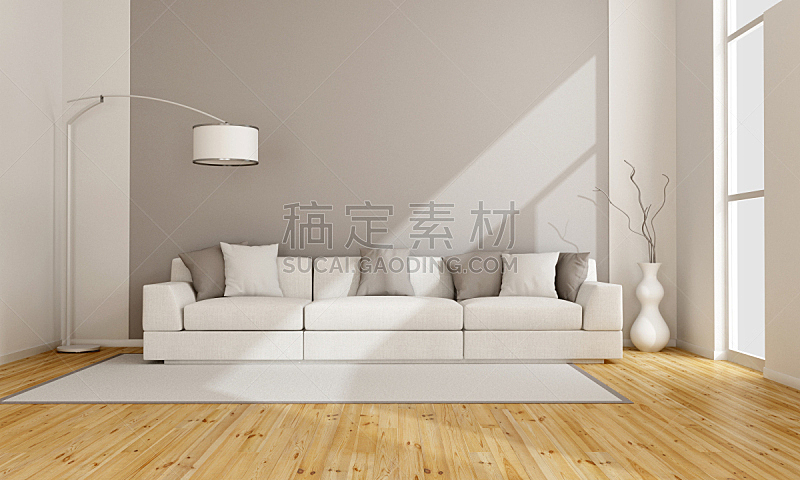 起居室,极简构图,硬木地板,落地灯,地毯,沙发,镶花地板,现代,白灰泥,褐色