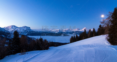 月亮,地形,天空,美,水平画幅,山,夜晚,雪,滑雪坡,早晨