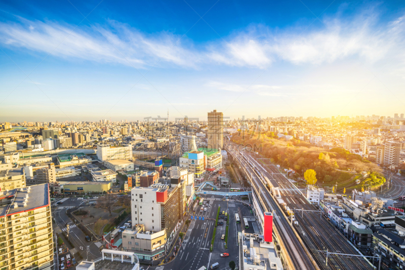 天空,曙暮光,现代,东京,城市天际线,日本,新干线,全景,航拍视角,车站月台