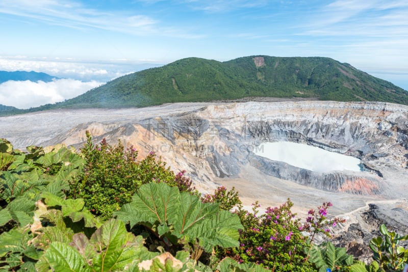 波阿斯火山,火山,哥斯达黎加,水,天空,透过窗户往外看,美洲,烟,湖,热带气候