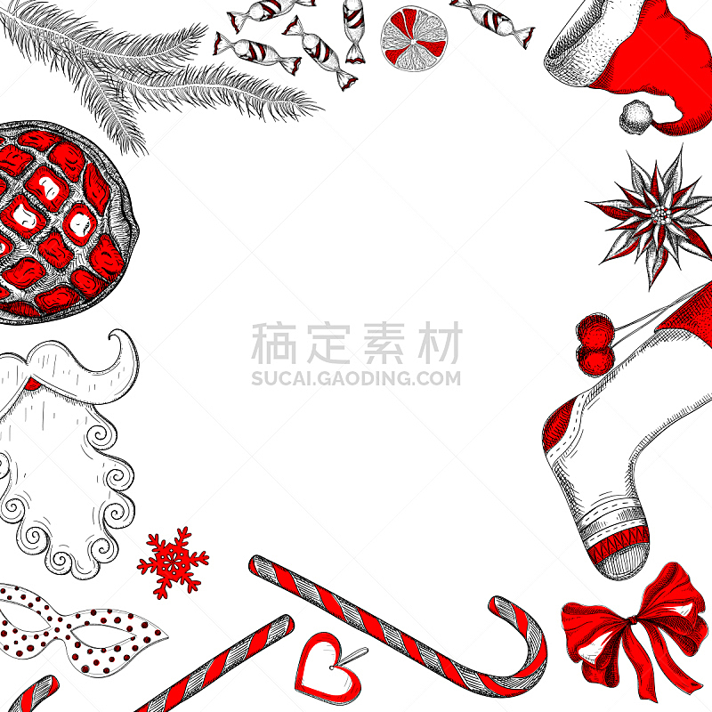 圣诞装饰物,红色,背景,新年前夕,美,贺卡,圣诞帽,络腮胡子,新的,边框