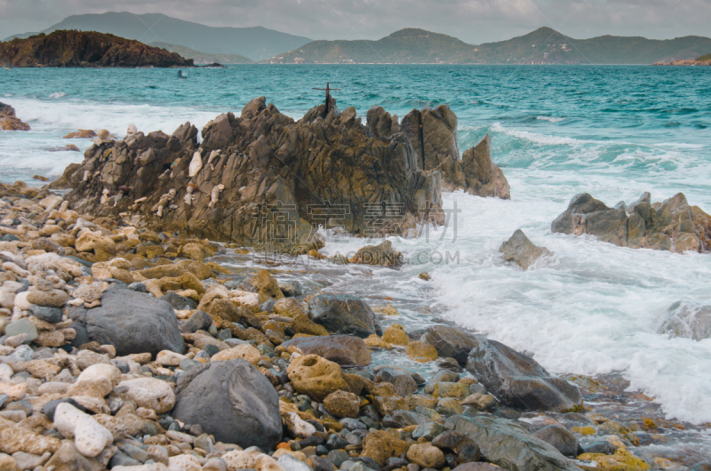 海滩,波浪,海湾,美属维尔京群岛,维京群岛,自然,水平画幅,岩石,无人,蓝色