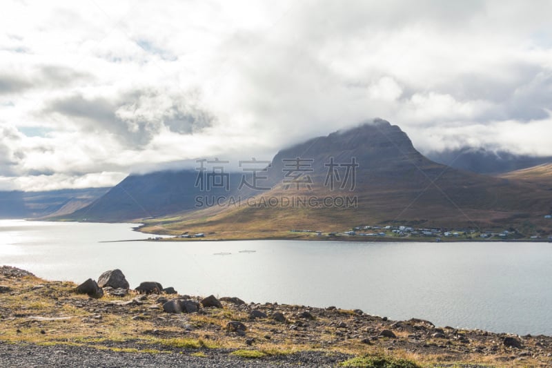 峡湾,西,全景,冰岛国,宽的,冰湾市,西峡湾区,云,草,船