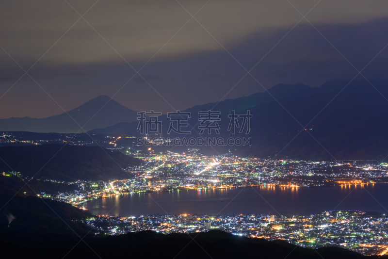 诹访,富士山,夜晚,山,城市,苏瓦湖,巴岳山,日本阿尔卑斯山脉,南阿尔卑斯山脉,长野县